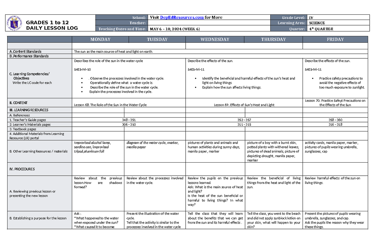 DLL Science 4 Q4 W6 - Dll - GRADES 1 to 12 DAILY LESSON LOG School ...
