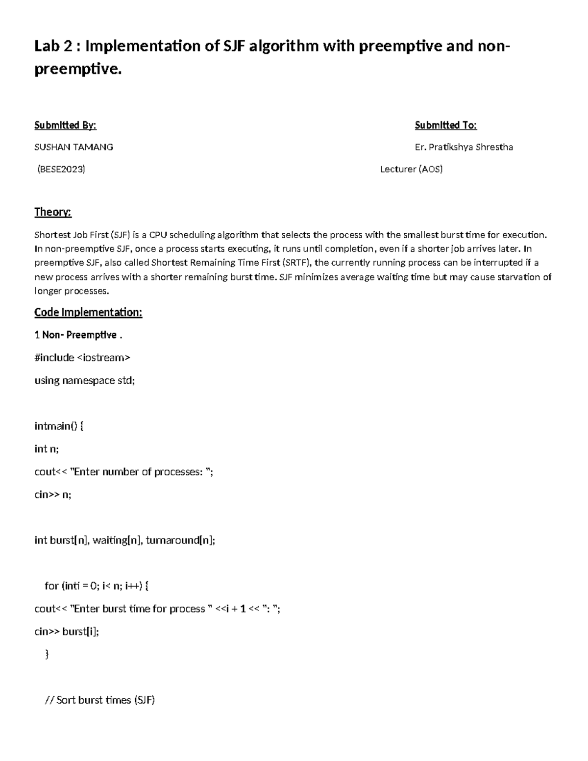 Lab 2: SJF Algorithm Implementation (Preemptive & Nonpreemptive ...