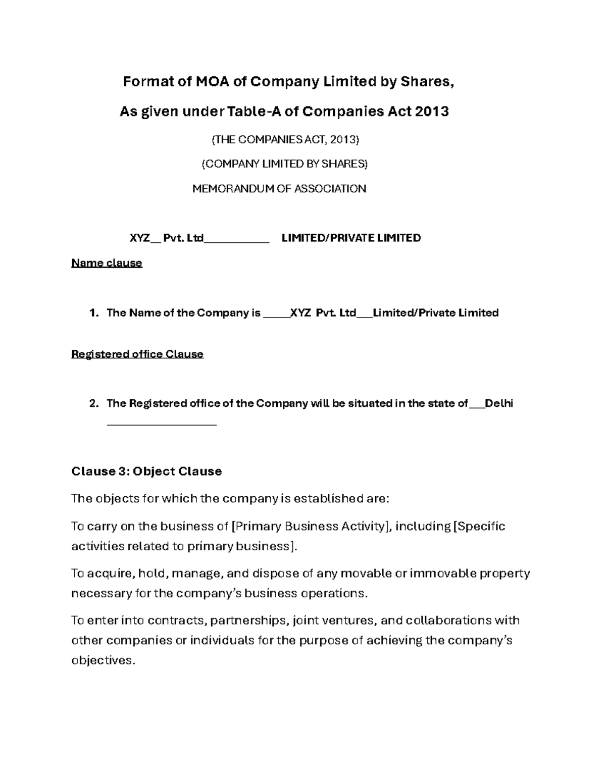 Draft Memorandum of Association - Format of MOA of Company Limited by ...