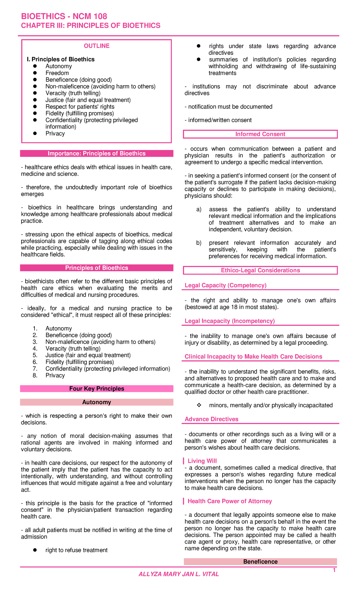 BIOETHICS NCM 108 LECTURE NOTES: PRINCIPLES OF BIOETHICS OUTLINE - Studocu