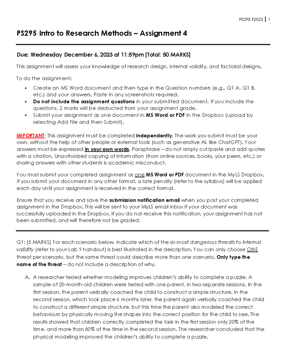 PS295 Assignment 4: Research Design and Internal Validity F2023 - Studocu