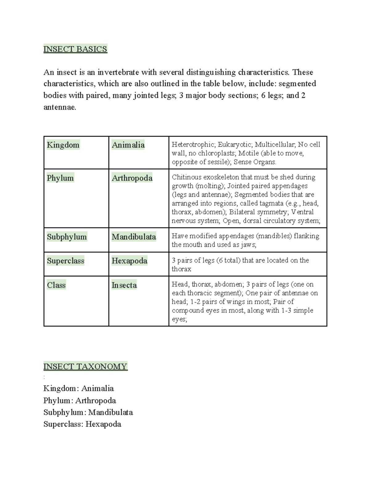 Entomology Study - INSECT BASICS An insect is an invertebrate with ...