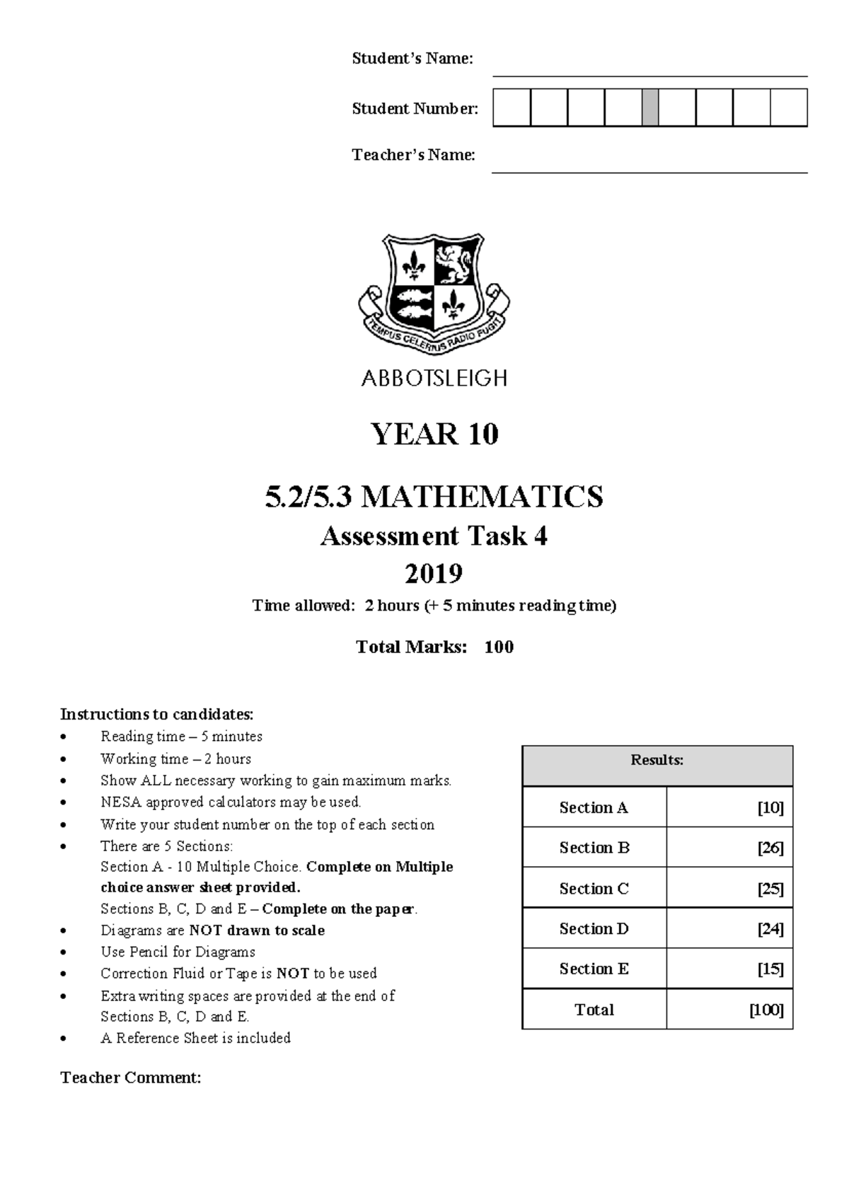 AT Task4 Maths Stg 10 5 - ABBOTSLEIGH YEAR 10 5.2/5 MATHEMATICS ...