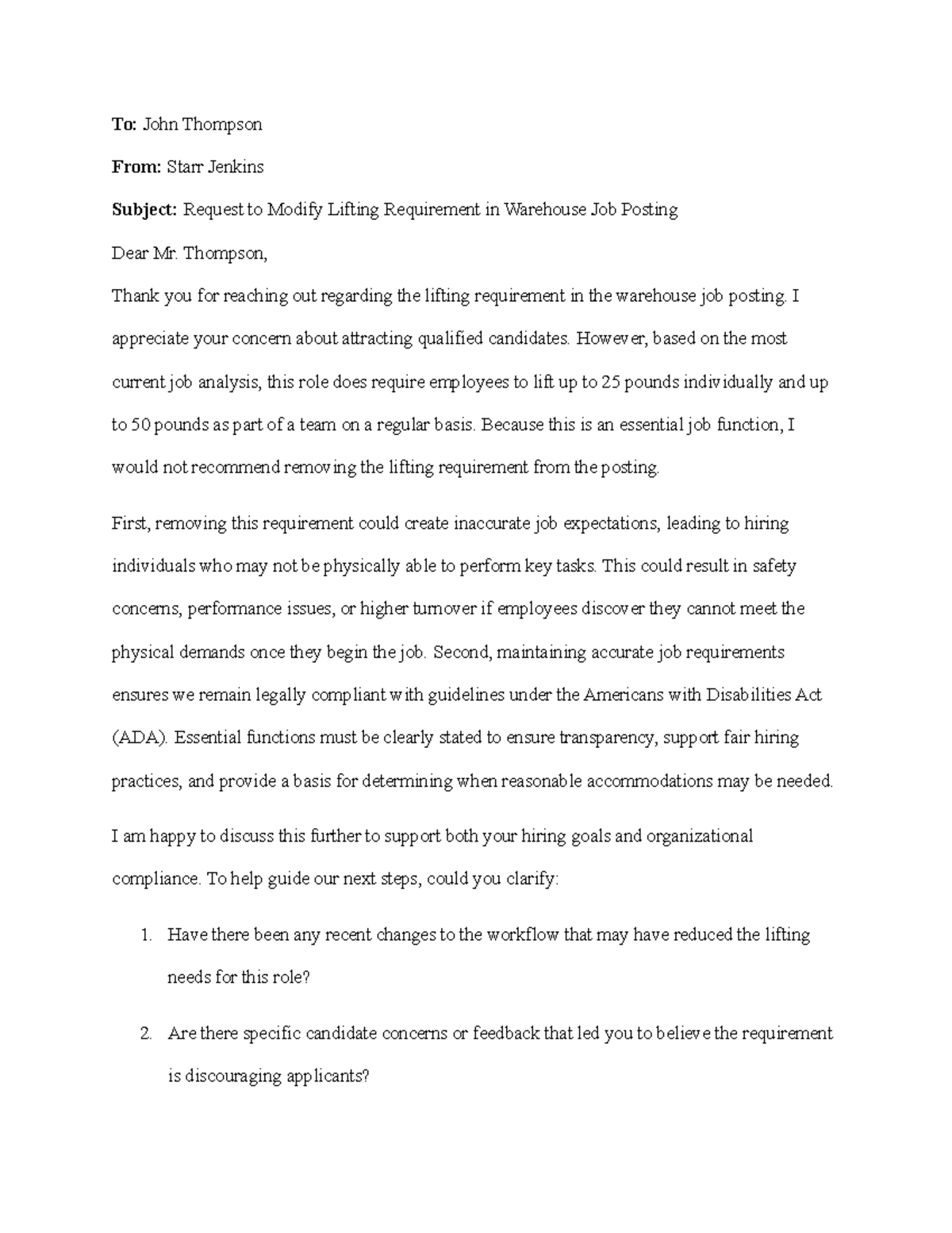 HRM-300 Module Five Assignment: Lifting Requirement Discussion - Studocu