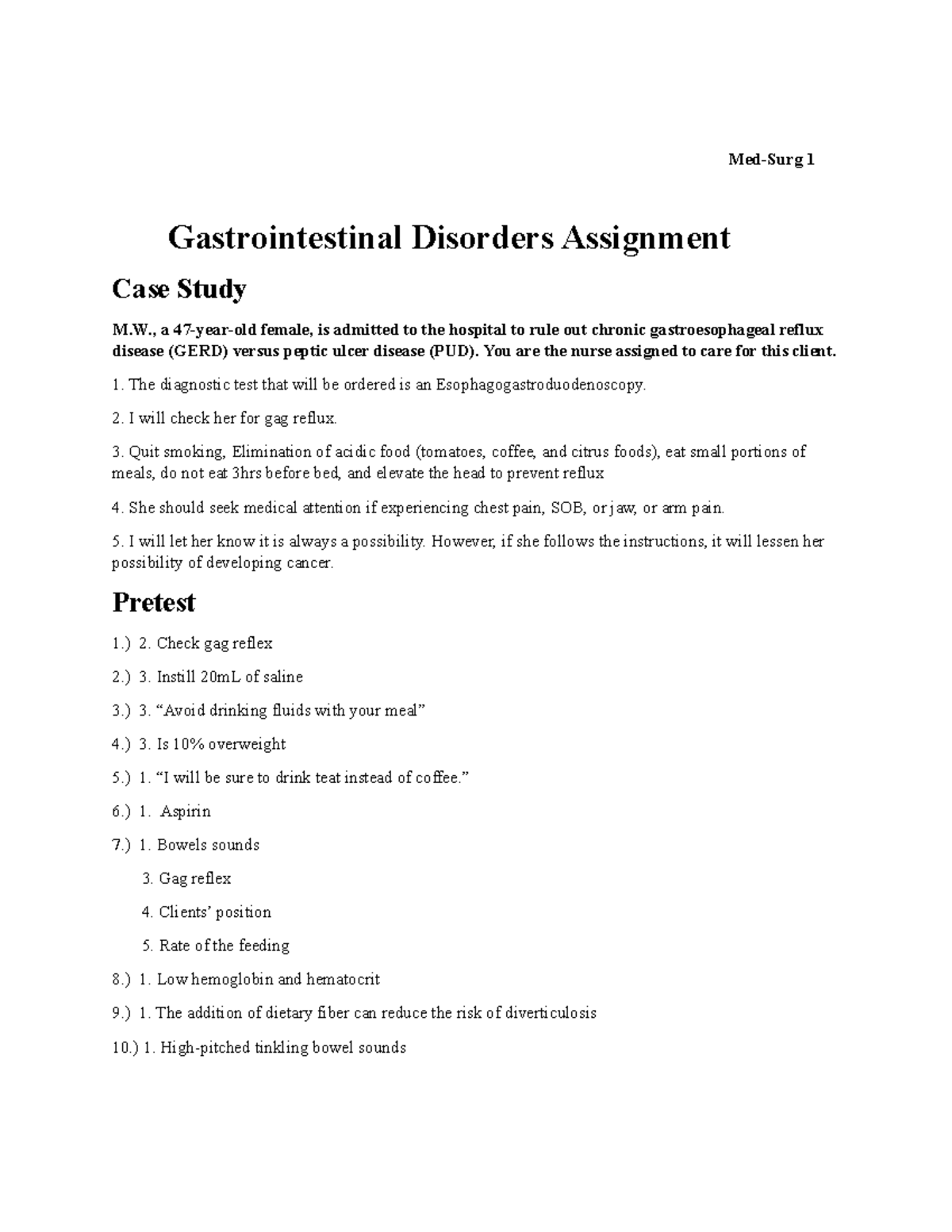 GI Disorders Case Study Assignment - Med-Surg 1 - Studocu