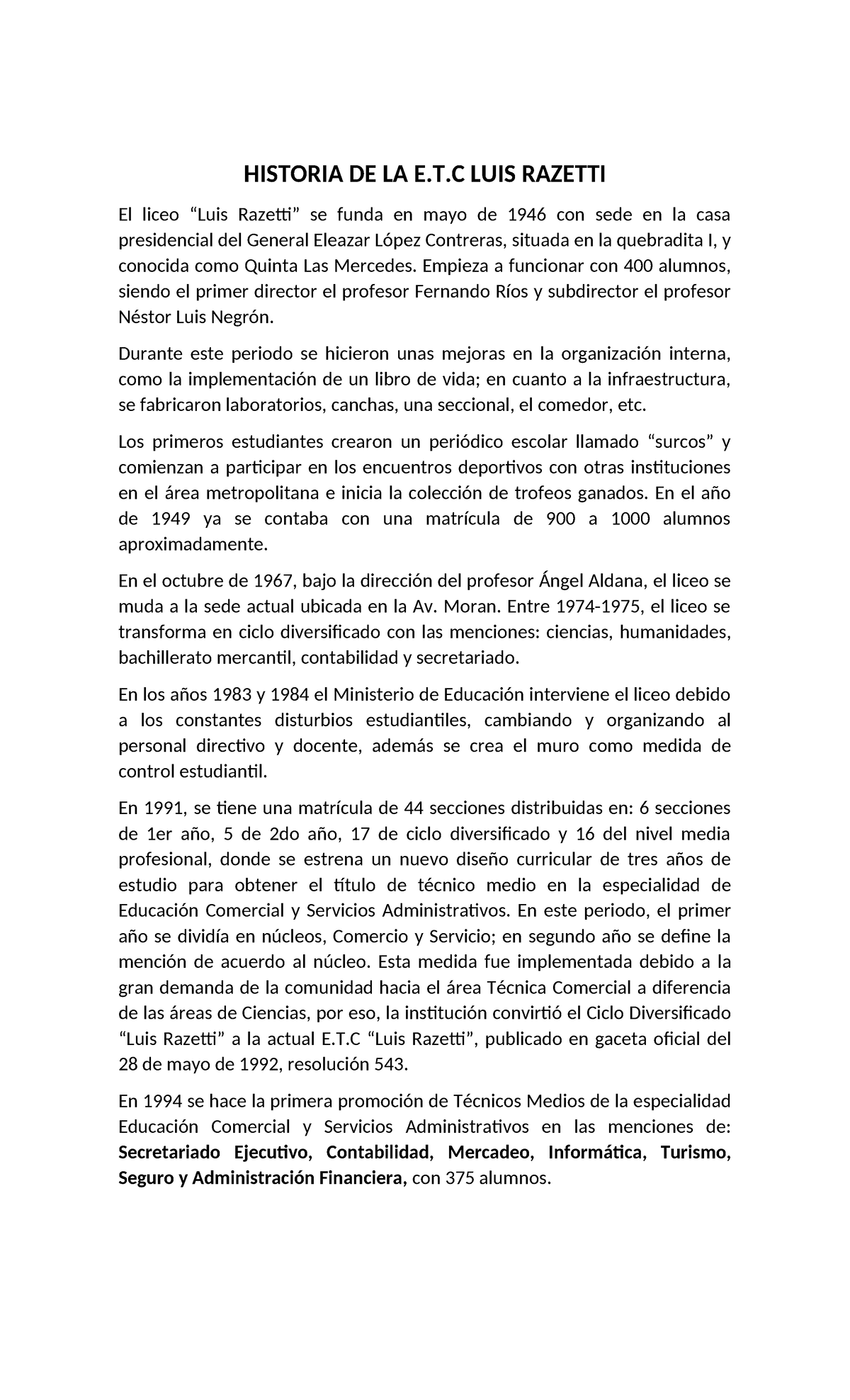 Historia de la E.T. Luis Razetti: Resumen de su Evolución y Logros ...