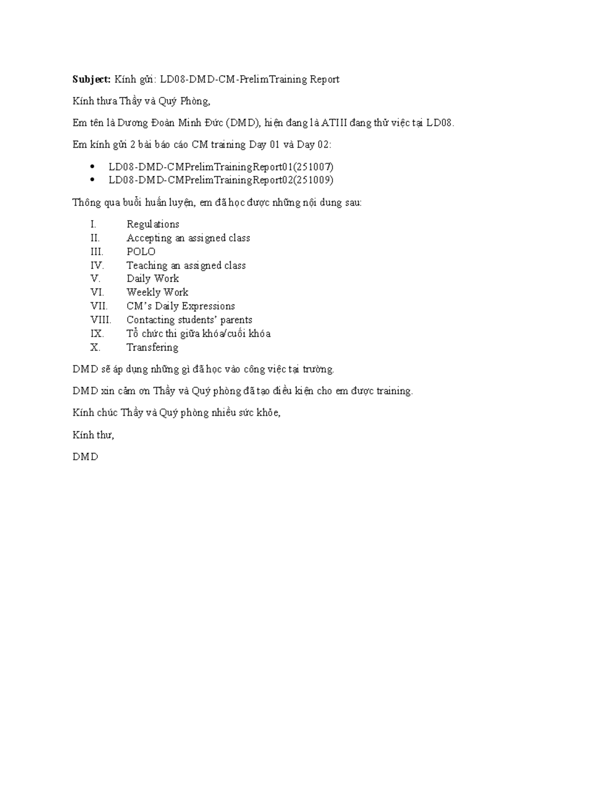 Email - DMD Report on CM Training Day 01 & 02 - Studocu