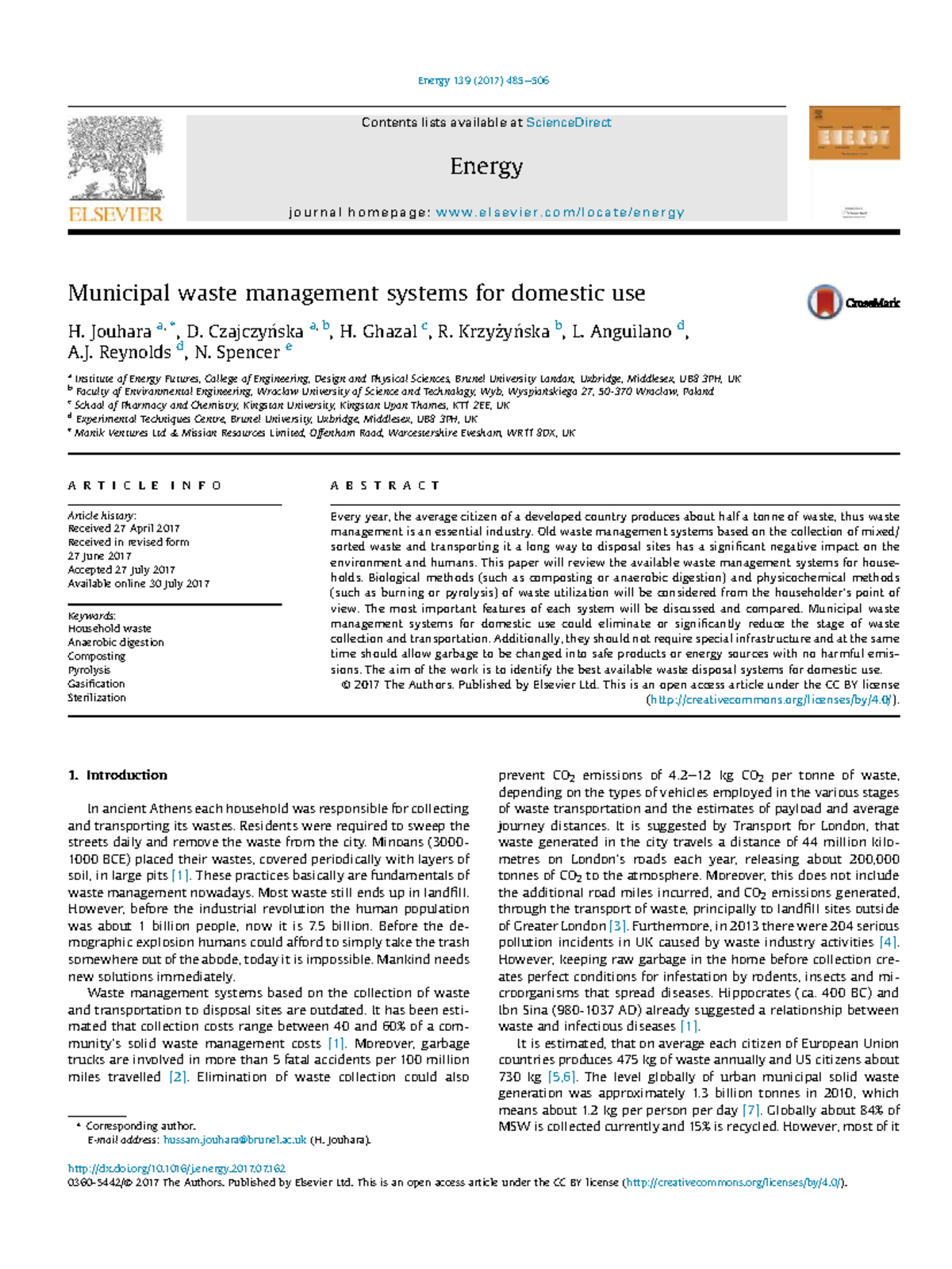 Municipal Waste Management Systems for Domestic Use: Energy 139 (2017 ...