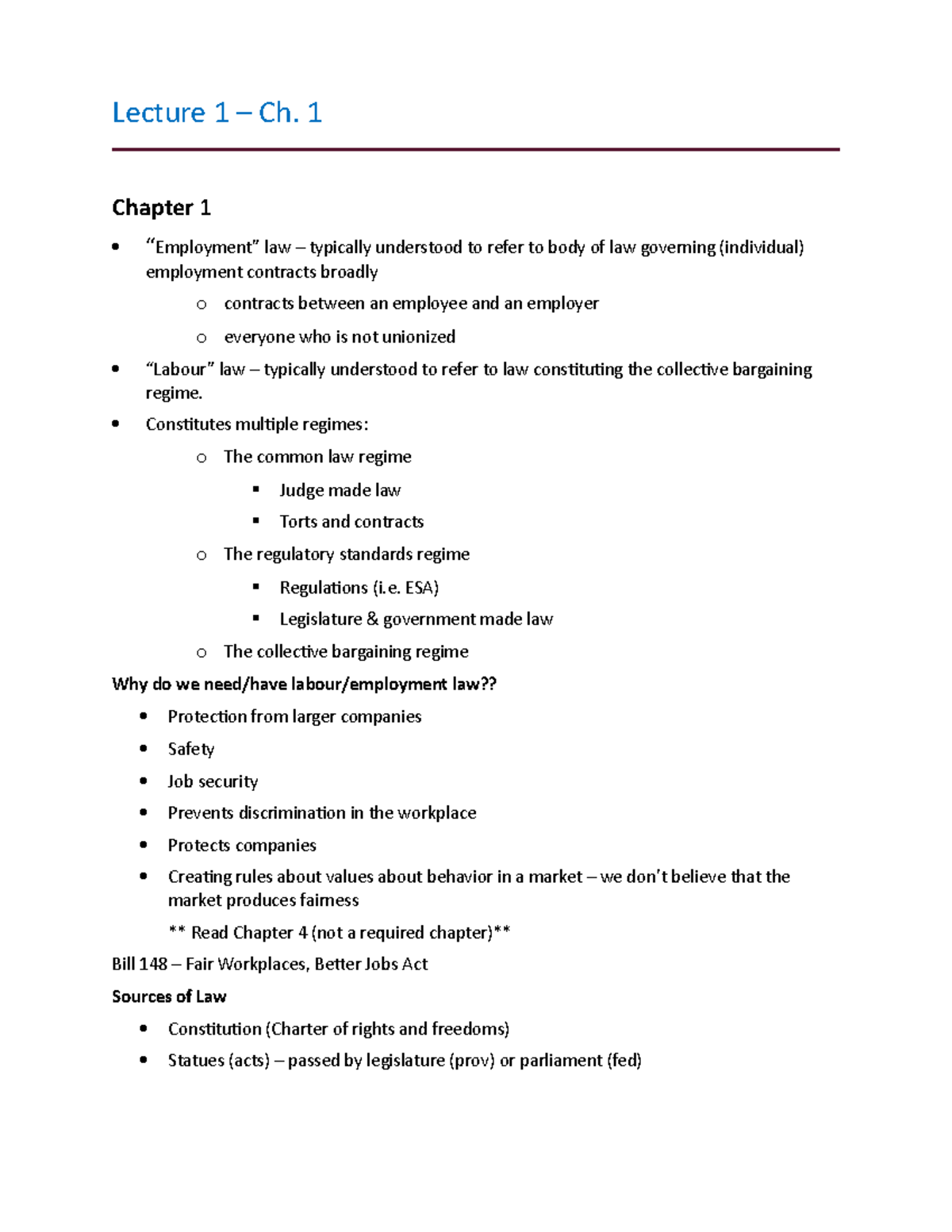 Lecture 1 – Employment & Labour Law Overview (Course Code) - Studocu