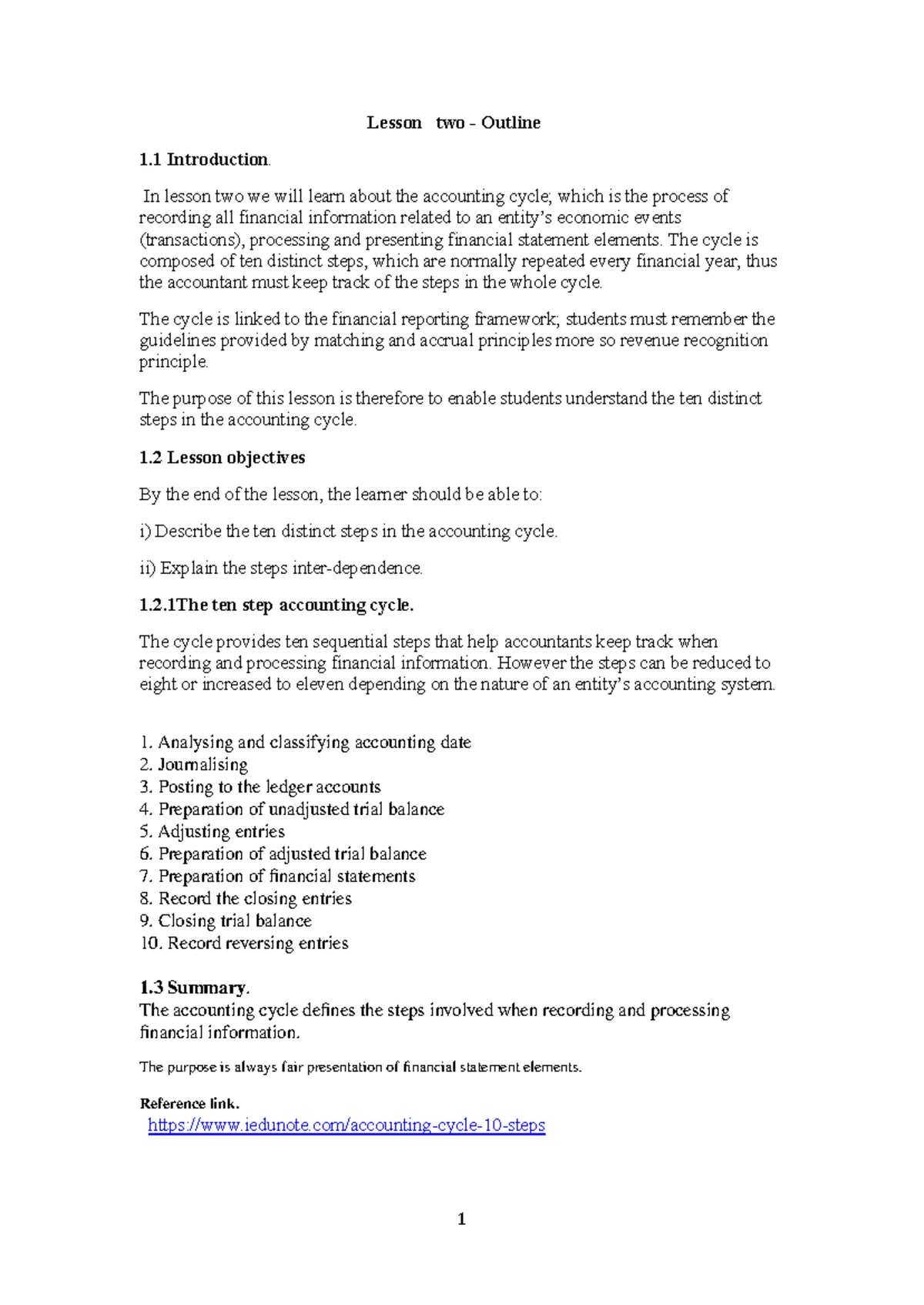 BAC 200- lesson outline 23 - Lecture one- Outline Introduction. In your ...