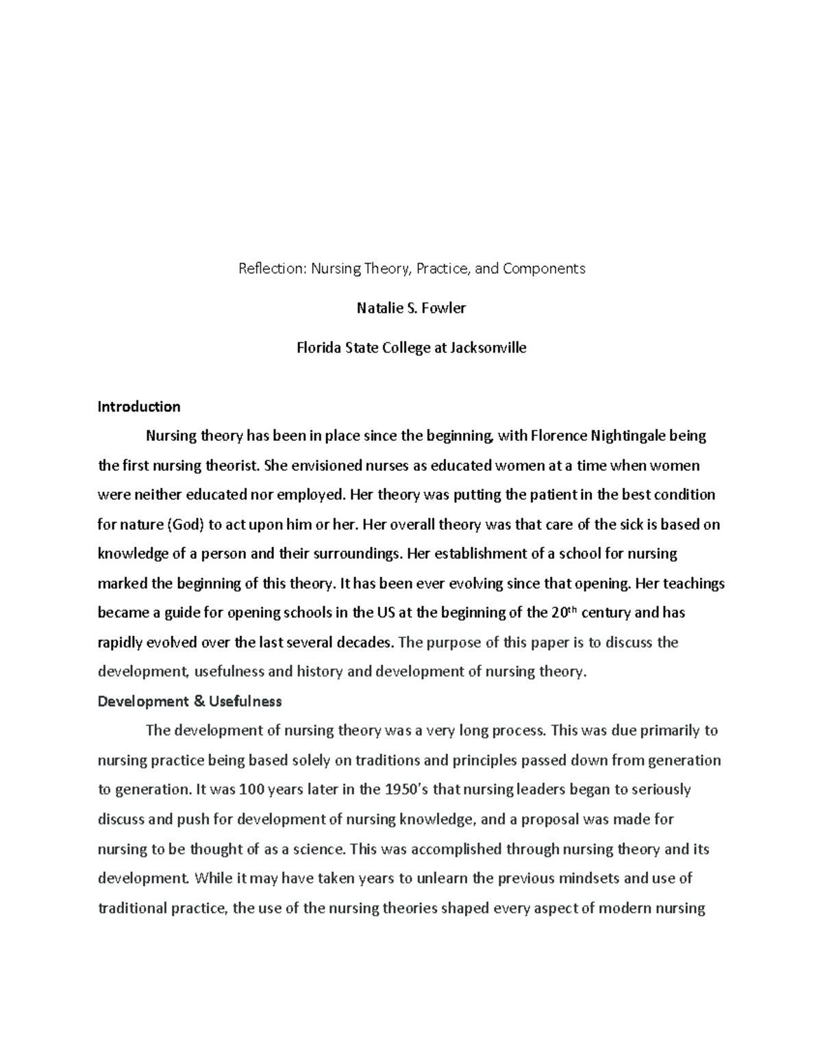 Reflection Paper 1 - Reflection: Nursing Theory, Practice, and ...