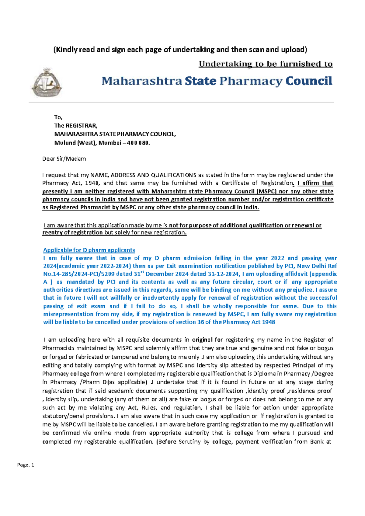 MSPC Undertaking for New Registration - D Pharm Applicants - Studocu