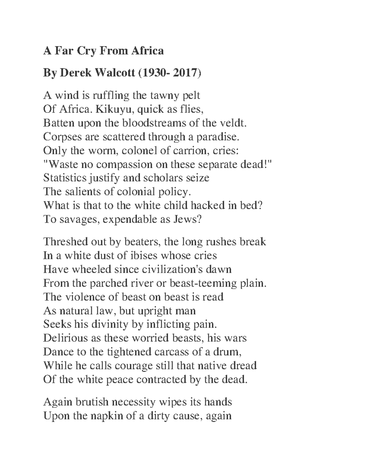 Mahananda A: Analysis of "A Far Cry from Africa" by Derek Walcott - Studocu