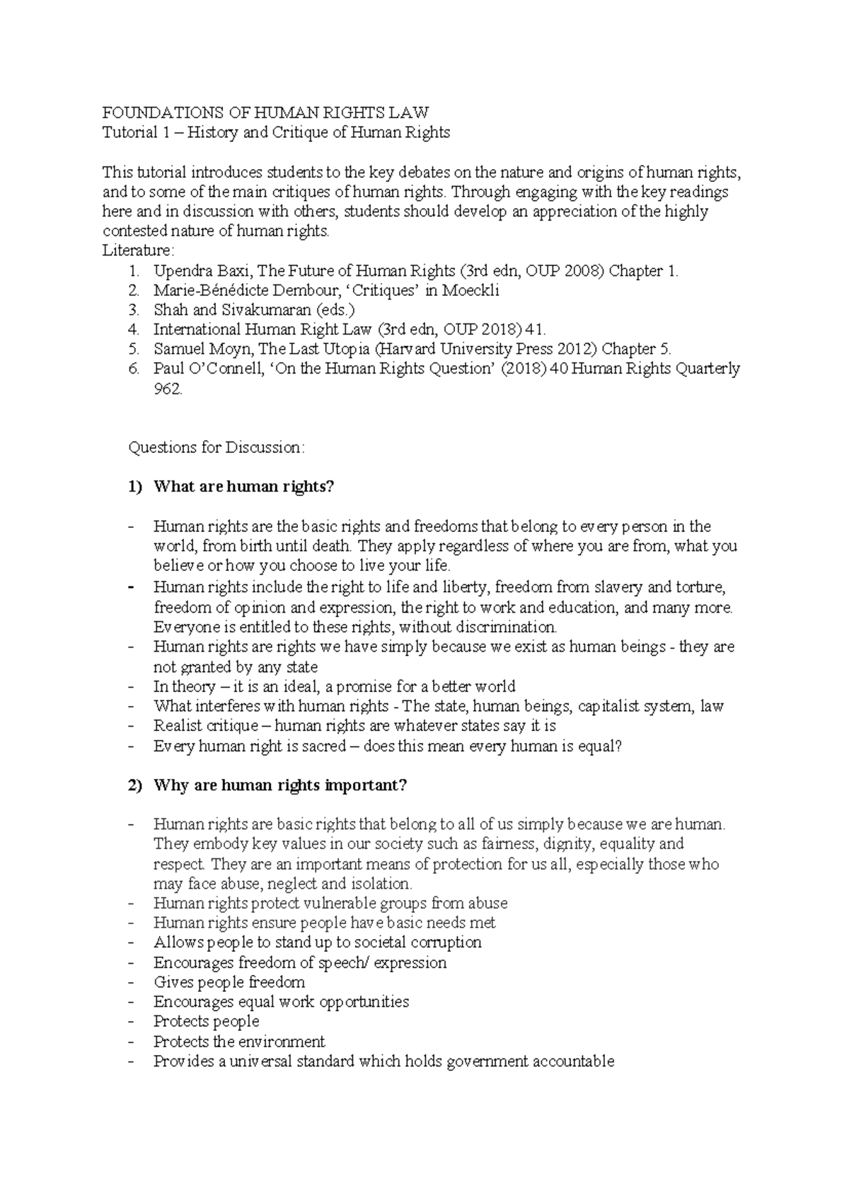 Human rights, tutorial 1 - FOUNDATIONS OF HUMAN RIGHTS LAW Tutorial 1 ...