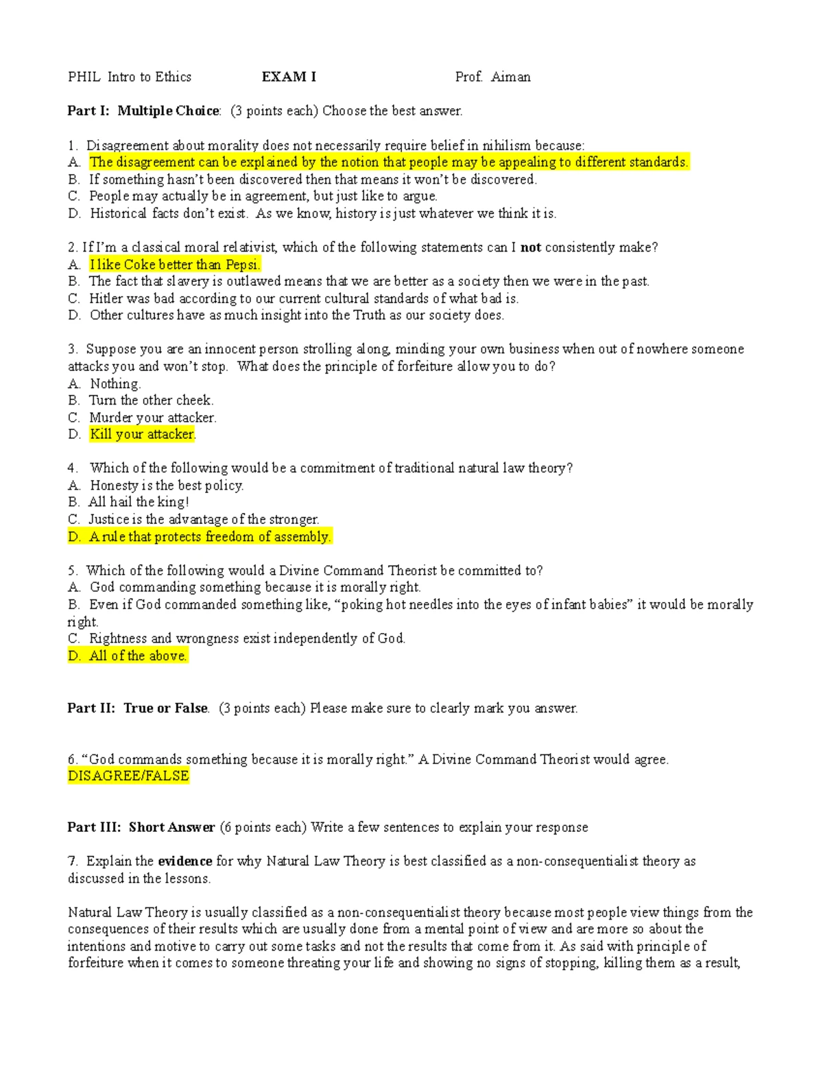 PHIL 101 Ethics Exam I - Test 1 by Prof. Aiman - Studocu
