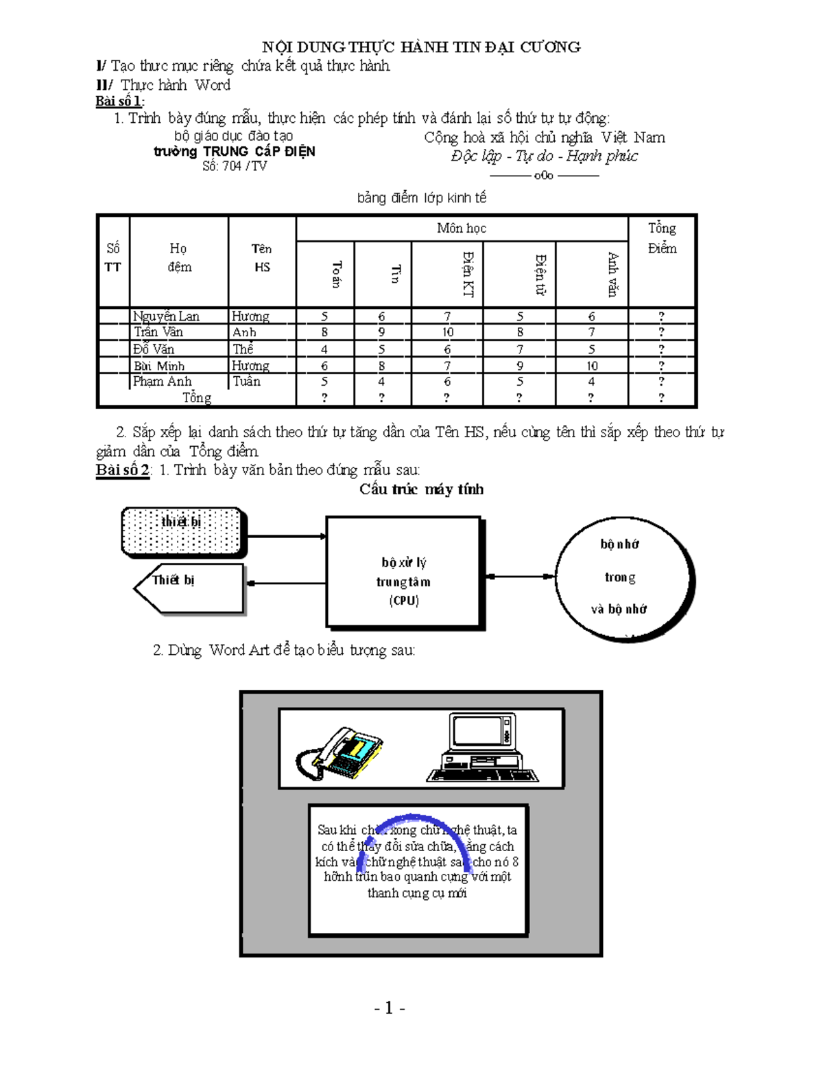 Bai TH THDC-1 - djwbd do - NỘI DUNG THỰC HÀNH TIN ĐẠI CƢƠNG I/ Tạo thƣc ...