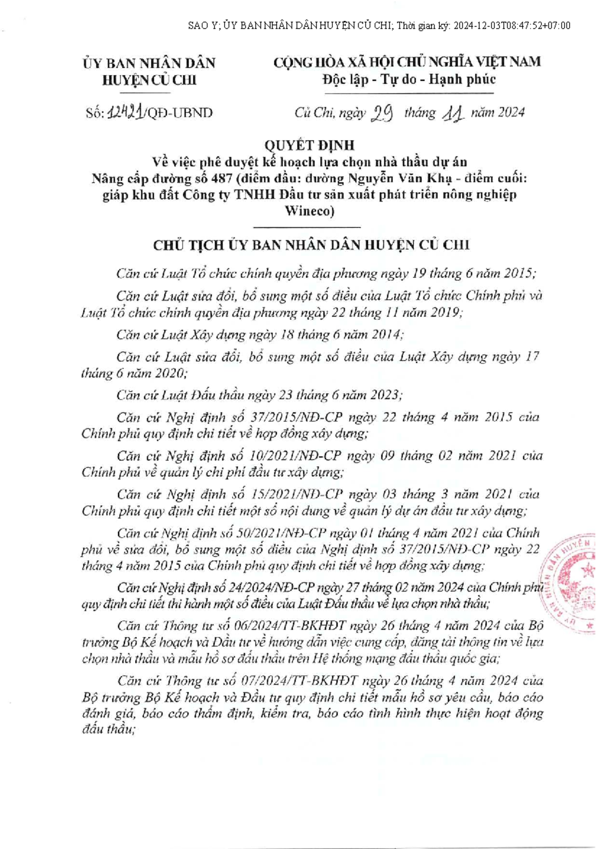 Quyết Định Phê Duyệt Kế Hoạch Lựa Chọn Nhà Thầu Dự Án Nâng Cấp Số 487 ...