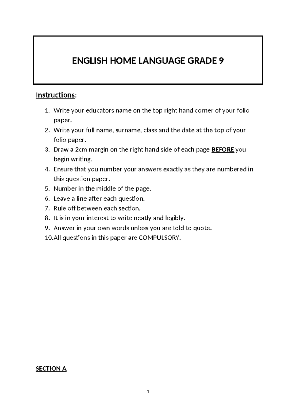 ENGLISH HOME LANGUAGE GRADE 9: Comprehension & Visual Literacy Guide
