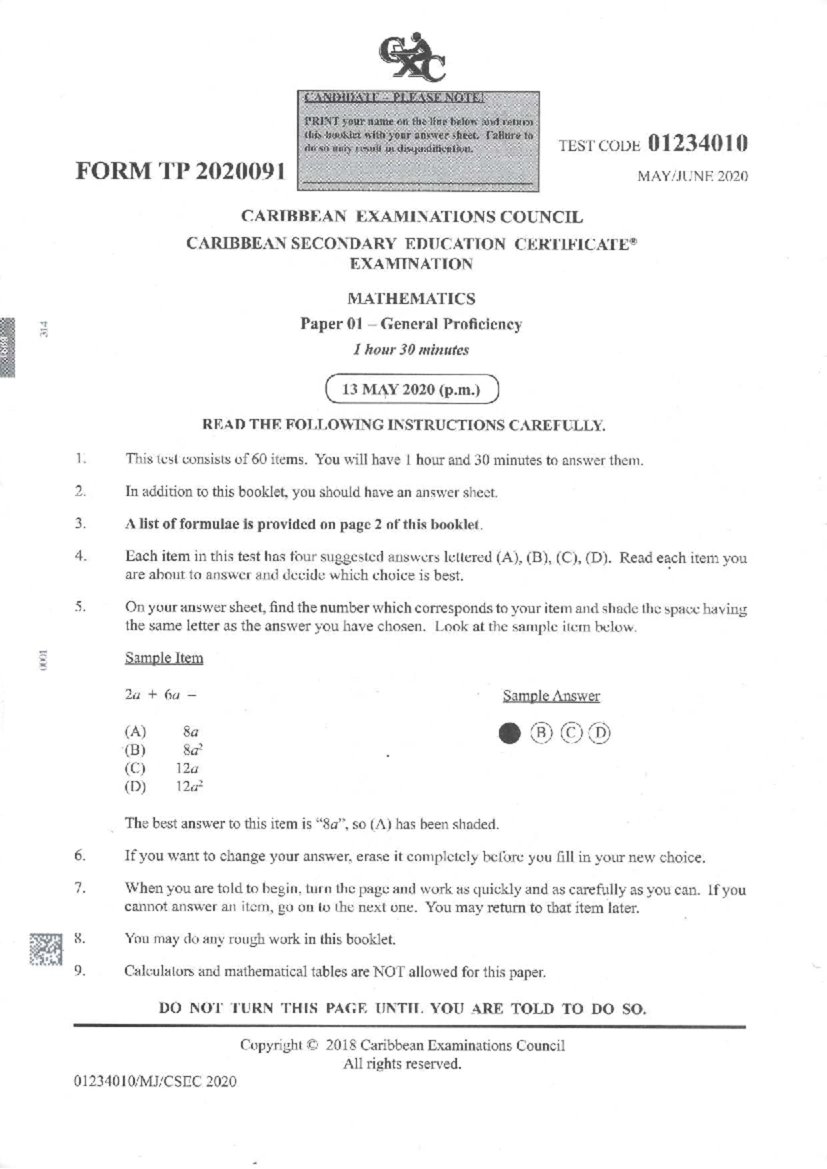 CSEC 2020 Mathematics Paper 01 General Proficiency Instructions & Items ...