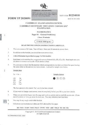 CSEC Mathematics Paper 01 General Proficiency May 2019 Test Code ...