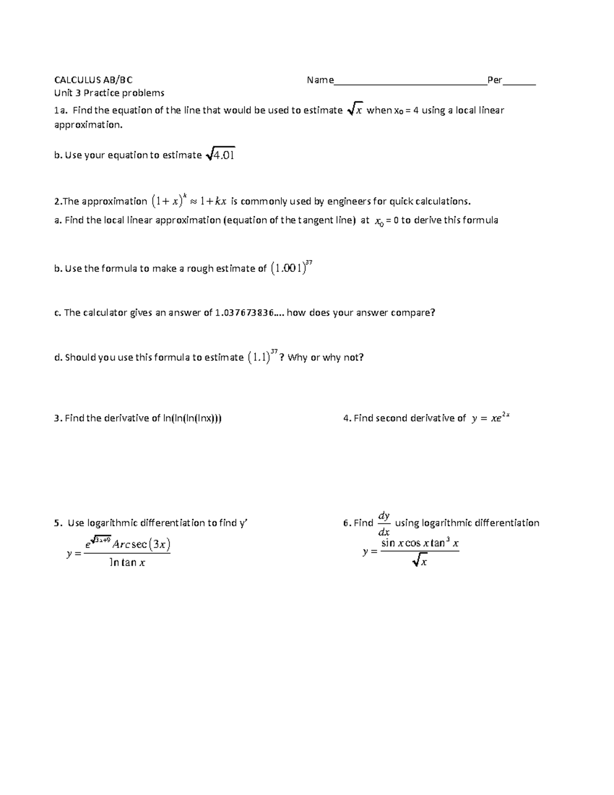 CALCULUS 03-Review: Unit 3 Practice Problems and Solutions - Studocu