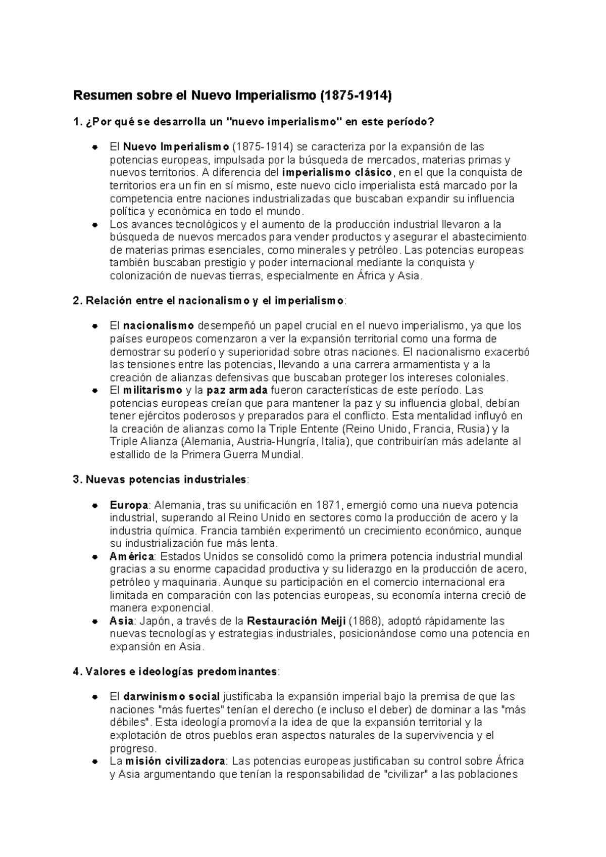 Resumen UVA 1 Y 2: Historia del Nuevo Imperialismo a la 1GM - Studocu