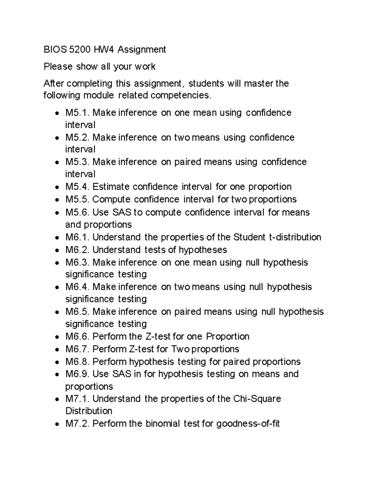 BIOS 5200 HW 4: Confidence Intervals & Hypothesis Testing Outline - Studocu