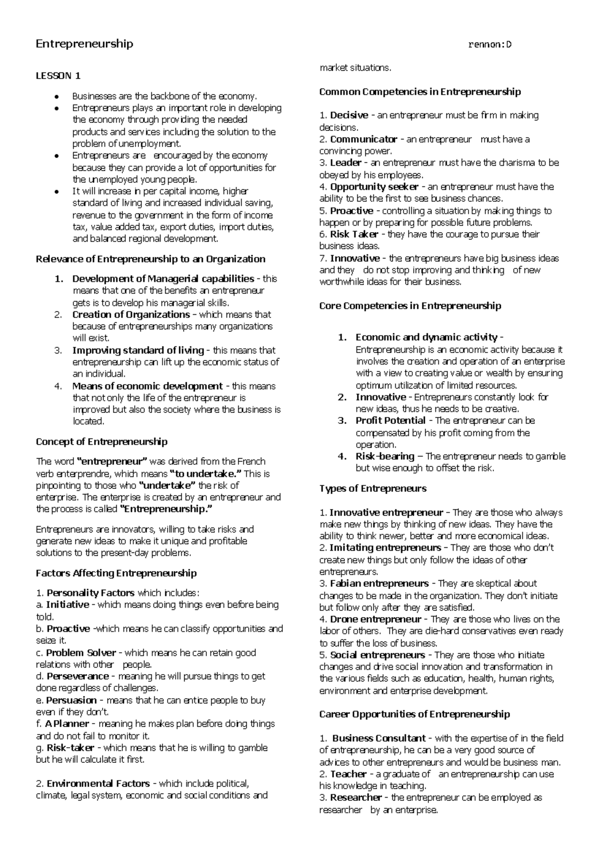ENTREP SENIOR HIGH SCHOOL - LESSON 1 Businesses are the backbone of the ...