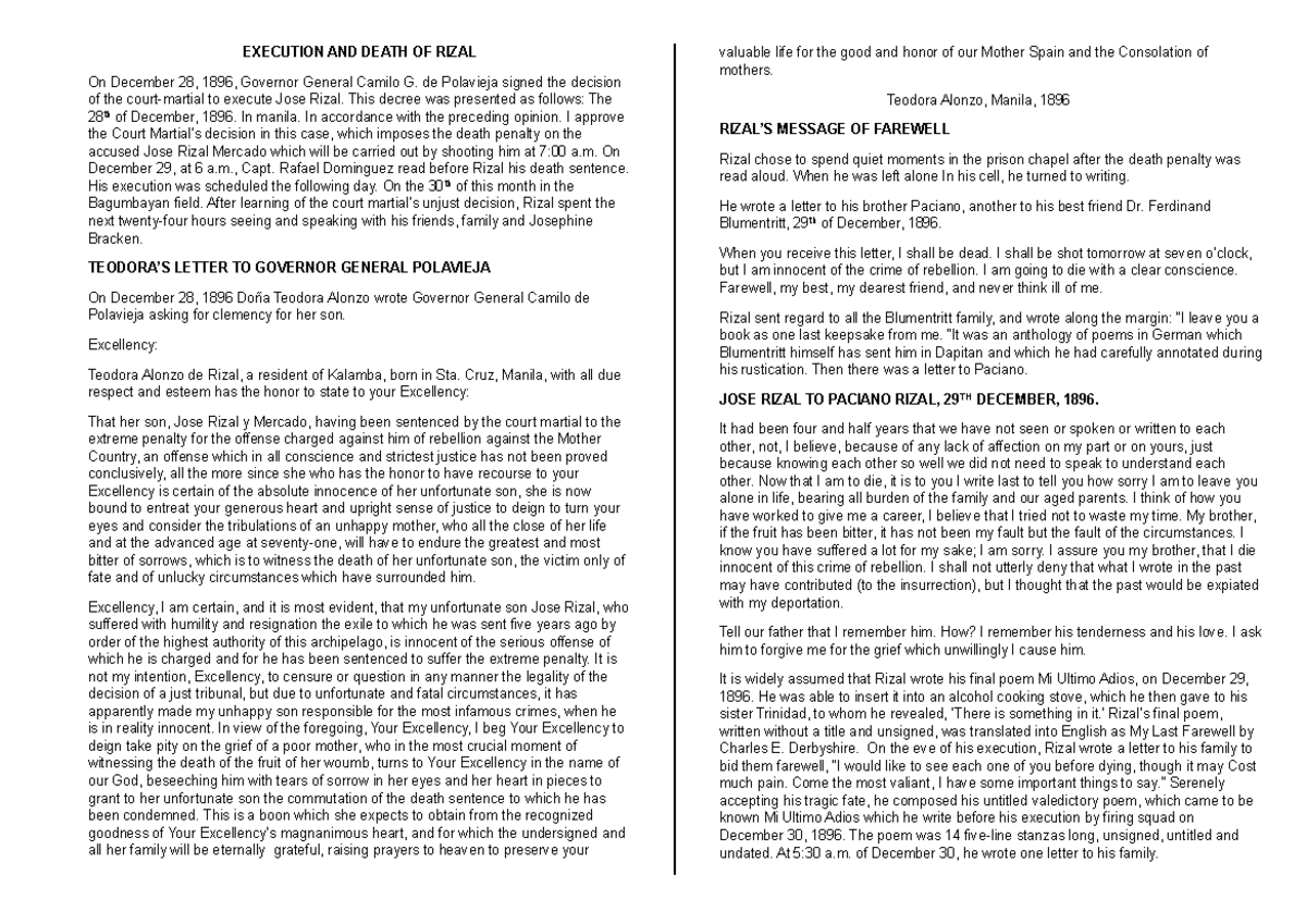 Rizal's Execution: Events and Farewell Letters (Dec 1896) - Studocu