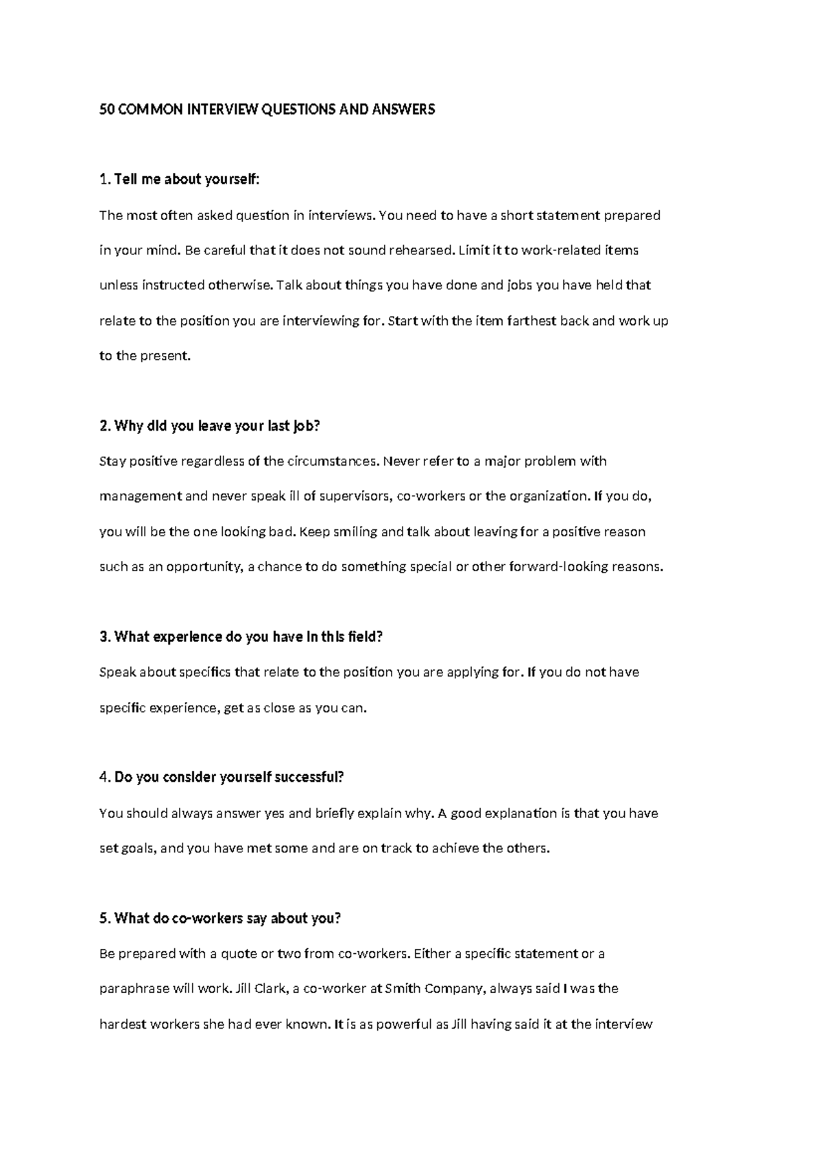 50 Common Interview Questions: Strategies and Model Answers - Studocu