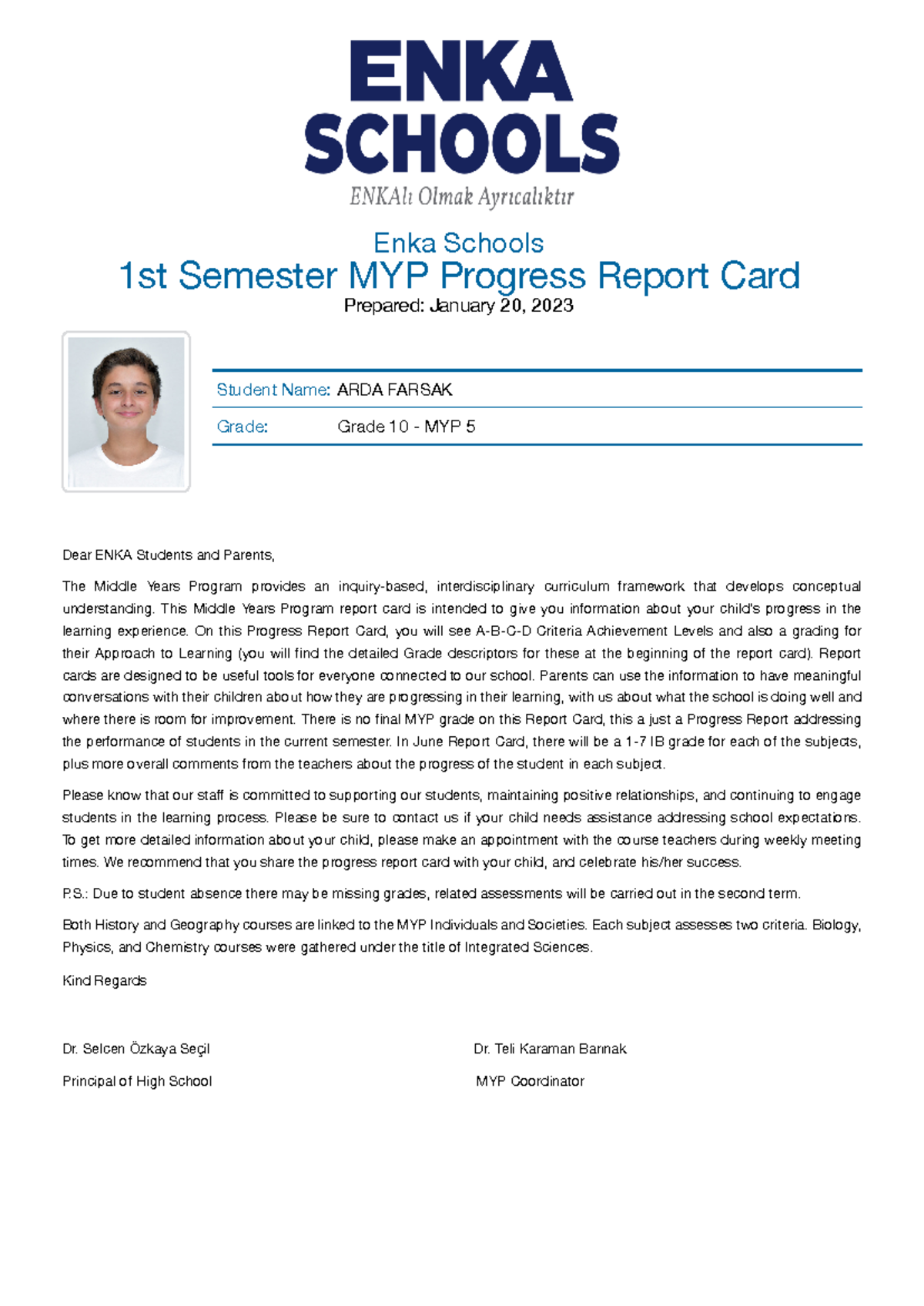 1st Semester MYP Progress Report Card Grade 10 - MYP 5 Farsak ARDA 2023 ...