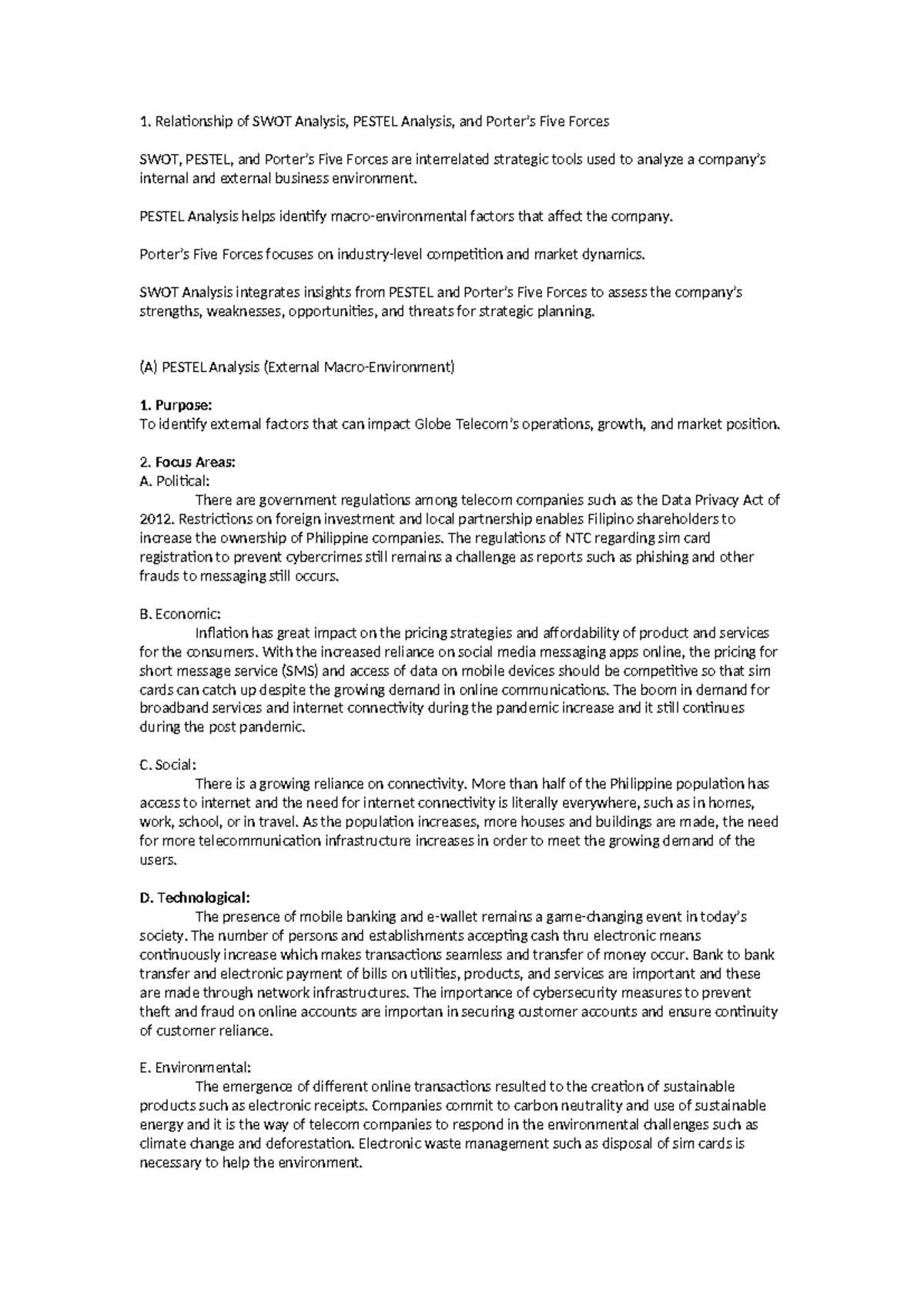 SWOT, PESTEL & Five Forces Analysis of Globe Telecom's Strategy - Studocu