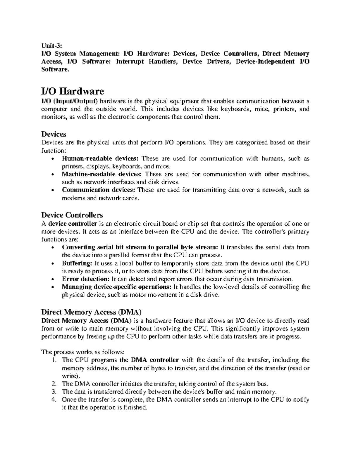 System Management: I/O Hardware & Software Overview for CS101 - Studocu