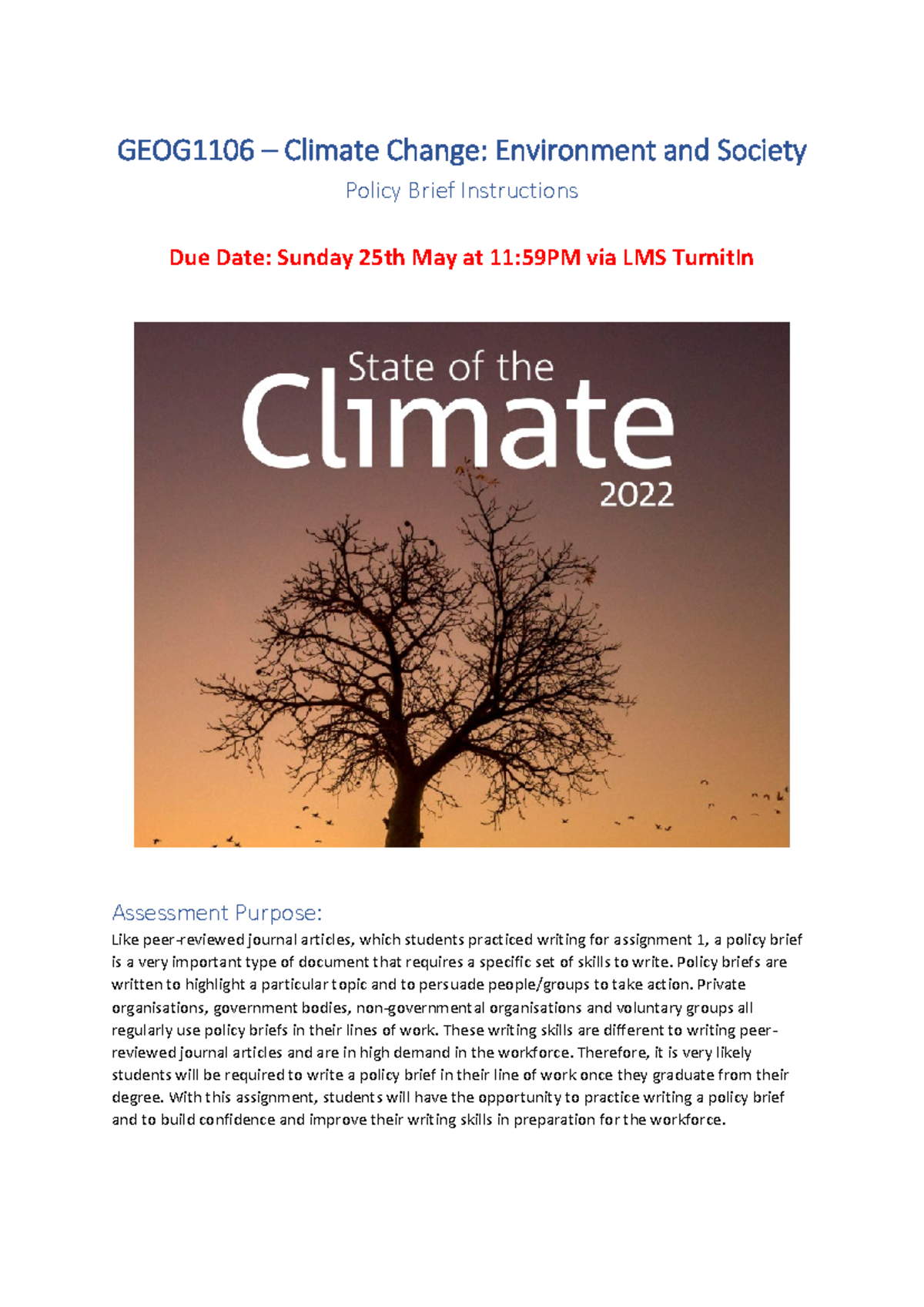 GEOG1106 Climate Change Policy Brief Writing Instructions 2025 - Studocu