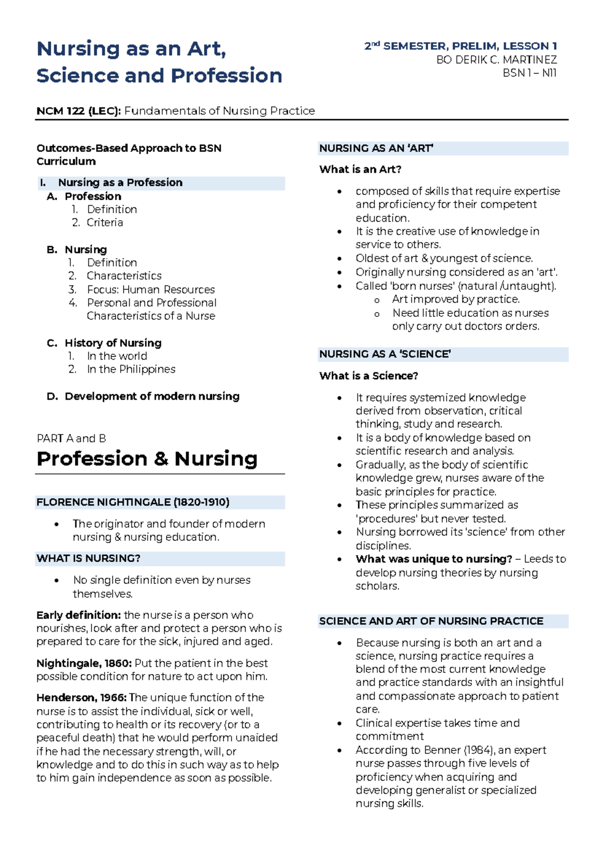 NCM 122 (LEC): Nursing as an Art, Science & Profession - Prelim Notes ...