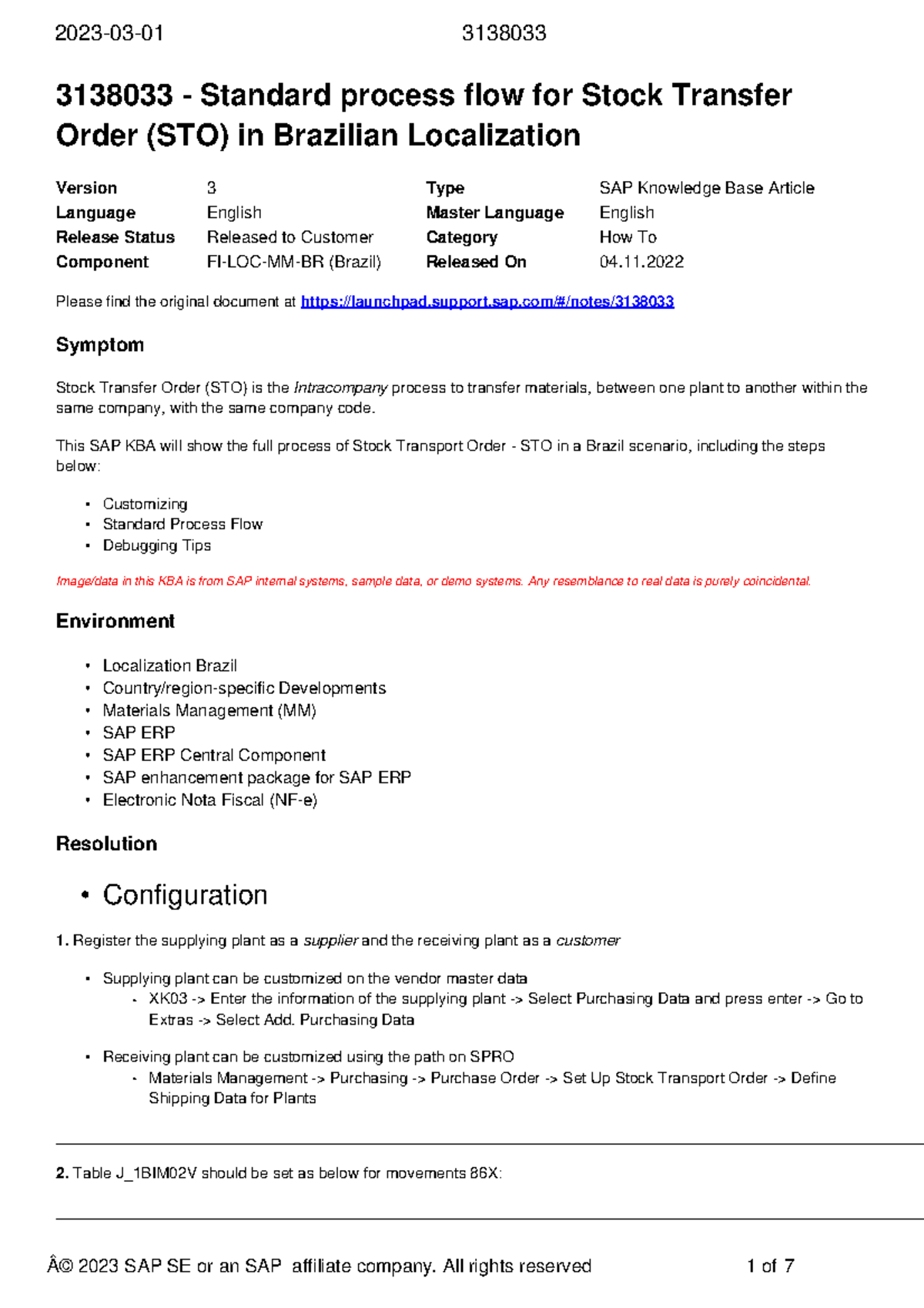 3138033 - SAP KBA on Stock Transfer Order Process Flow in Brazil - Studocu
