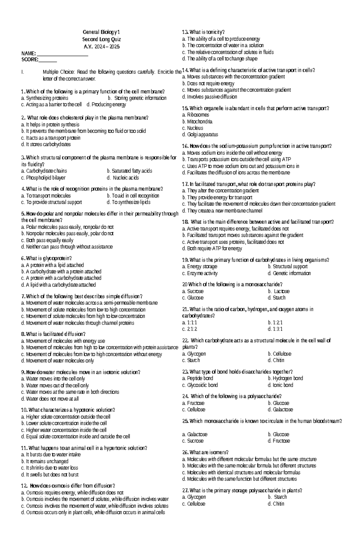 General Biology 1 2nd Long Quiz A.Y. 2024-2025 - Studocu