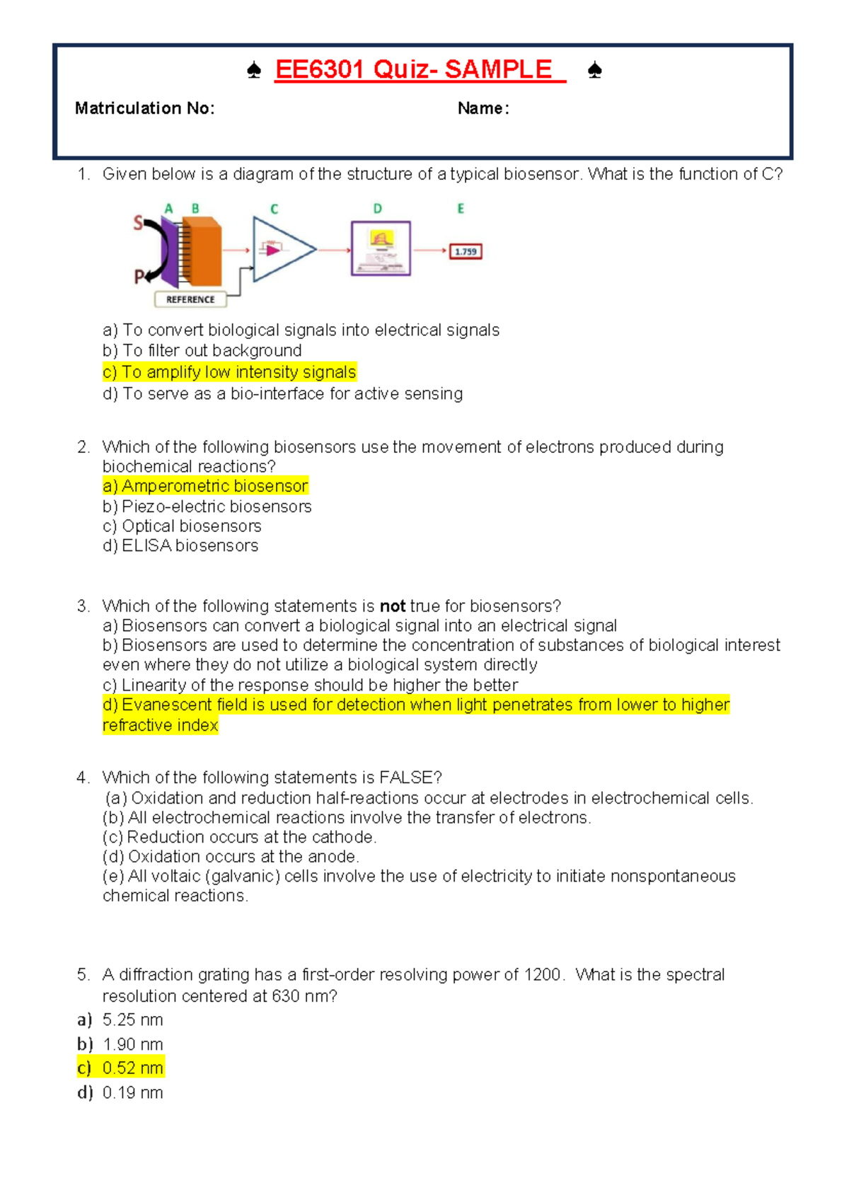 EE6301 Sample Quiz on Biosensors and Electrochemistry - Studocu