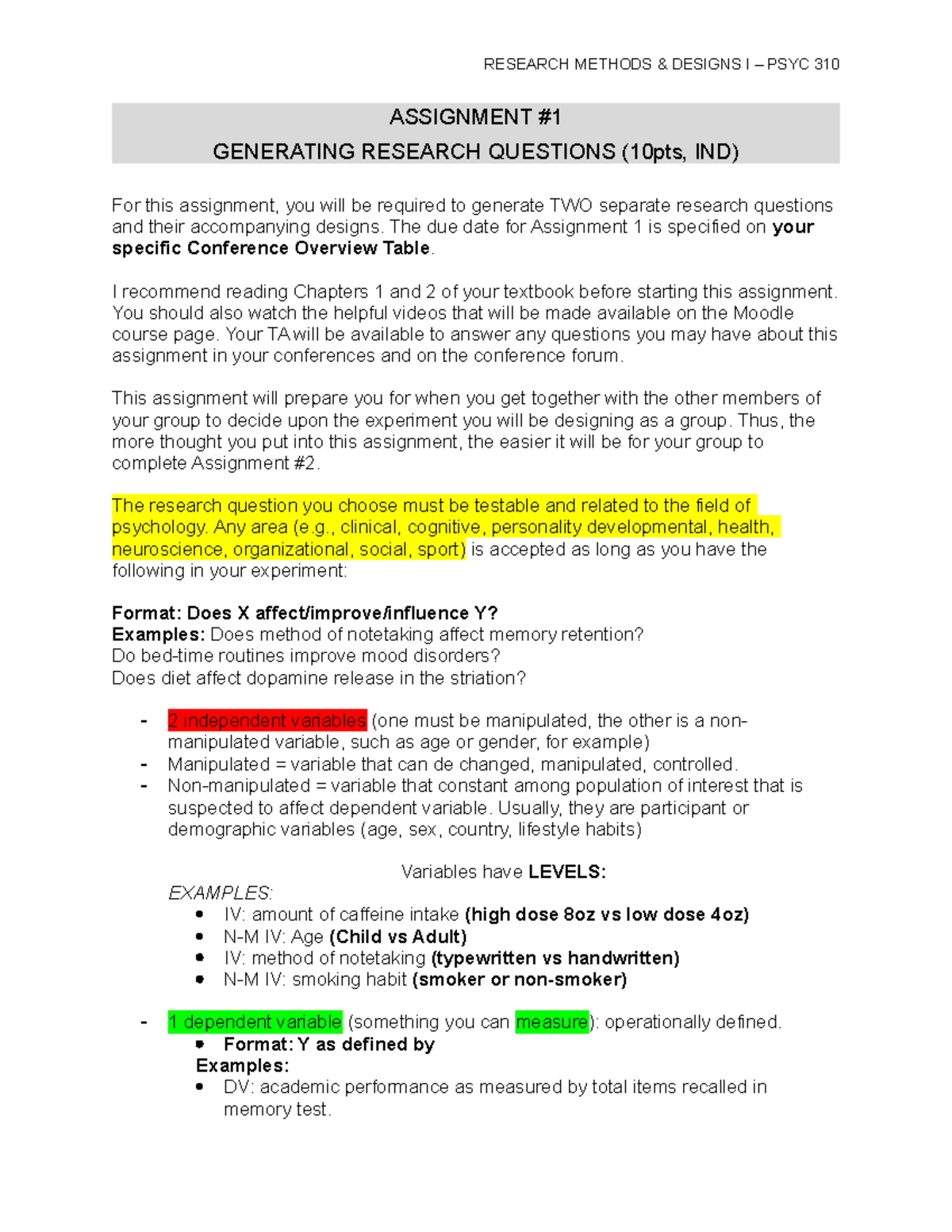 PSYC 310 - Assignment 1: Generating Research Questions & Designs - Studocu