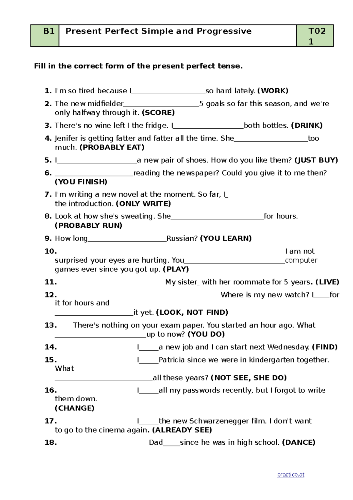B1 Present Perfect Tenses - Simple and Continuous Exercises - Studocu