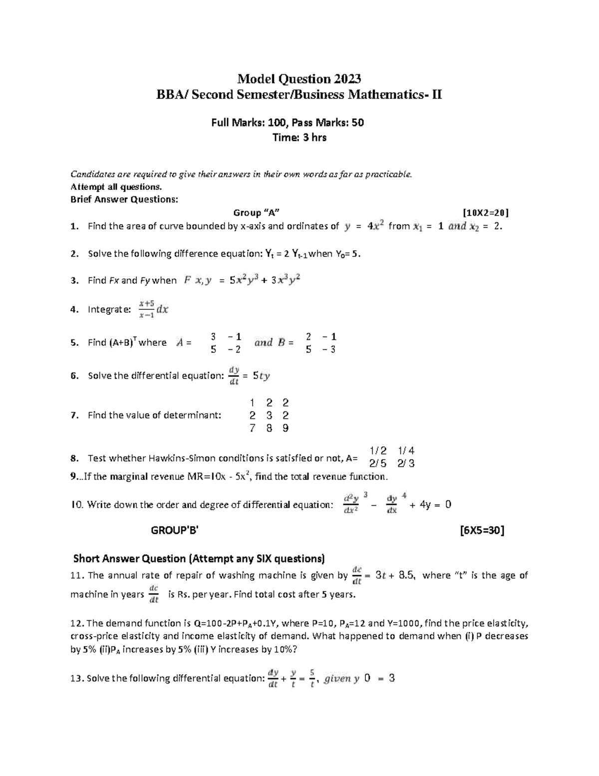 Model Question for BBA TU Business Mathematics II - 2023 Exam - Studocu