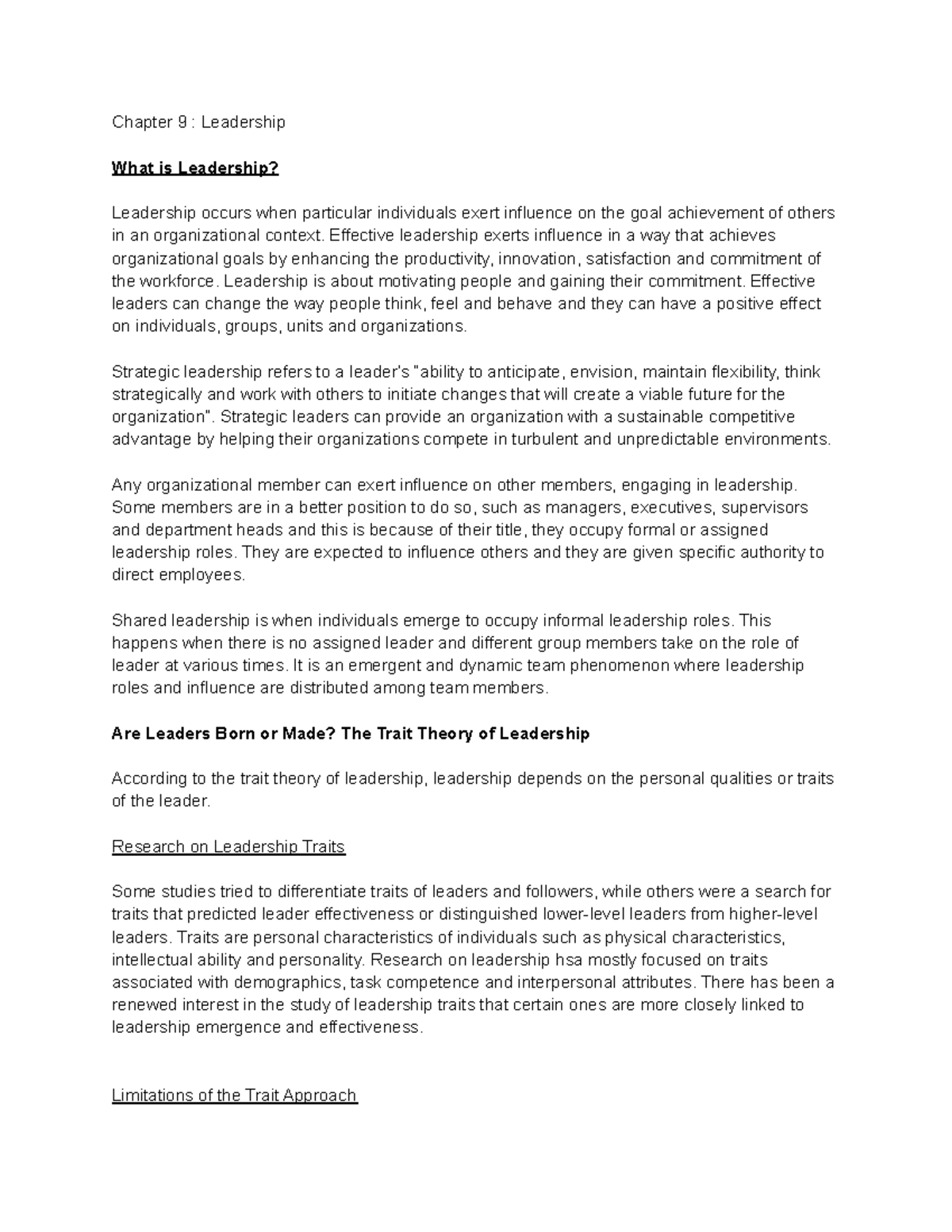 HROB 2090 Unit 6 notes - Chapter 9 : Leadership What is Leadership ...