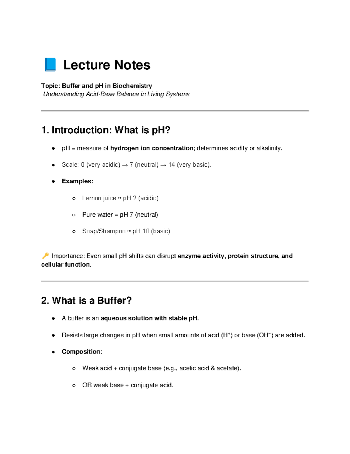 Lecture Notes: Buffer and pH in Biochemistry (BIO 101) - Studocu