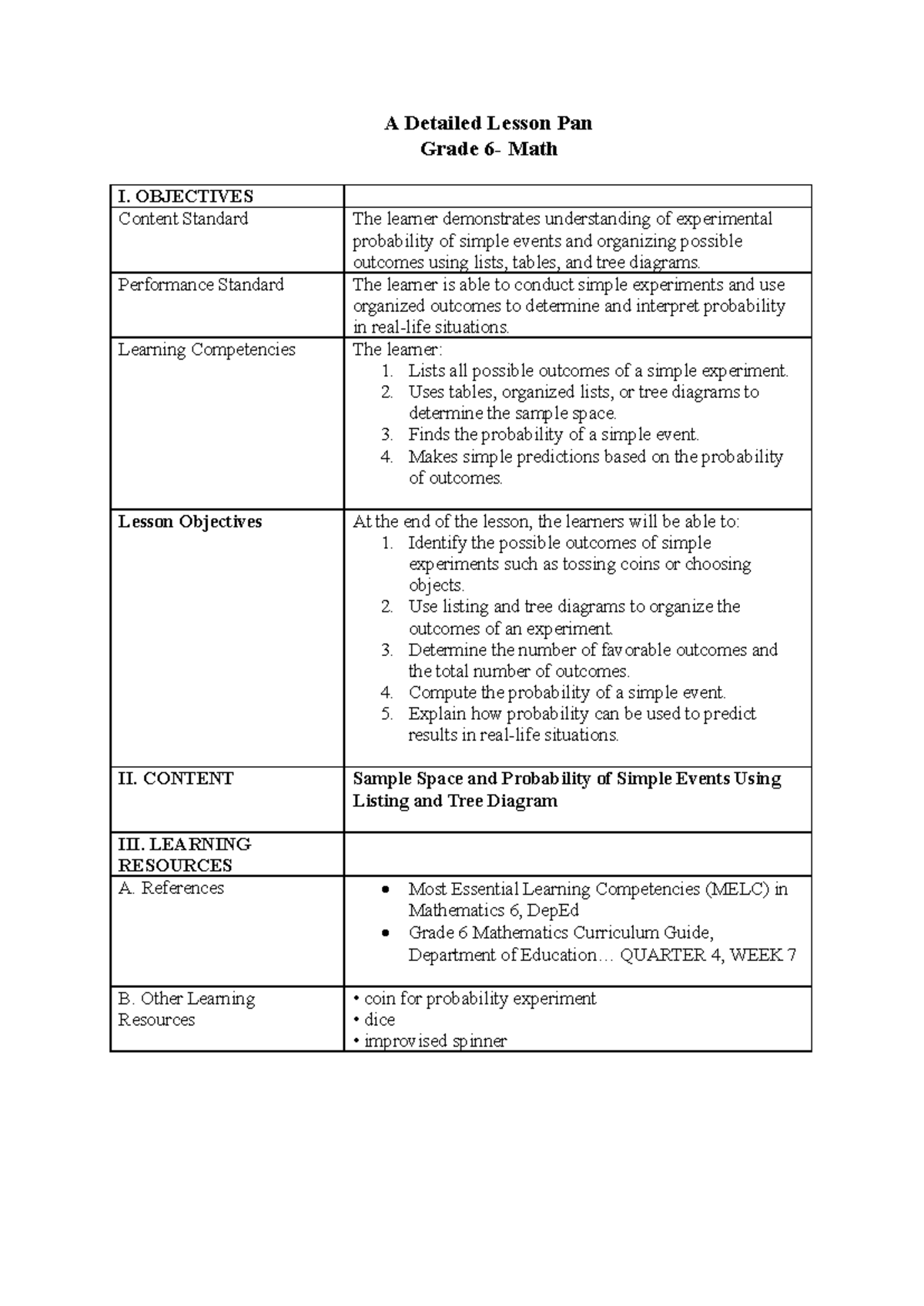 A Detailed Lesson Plan on Probability for Grade 6 Math - Studocu