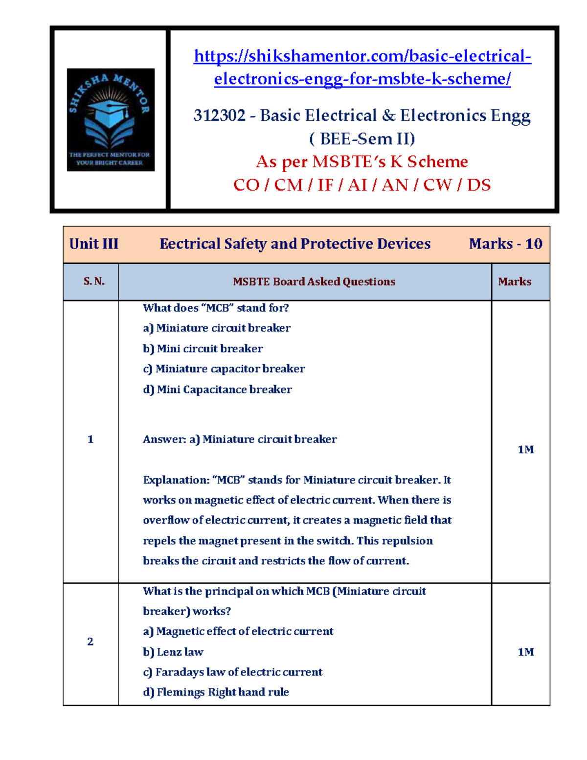 312302 BEE Unit III: MCQs on Electrical Safety & Devices - Studocu