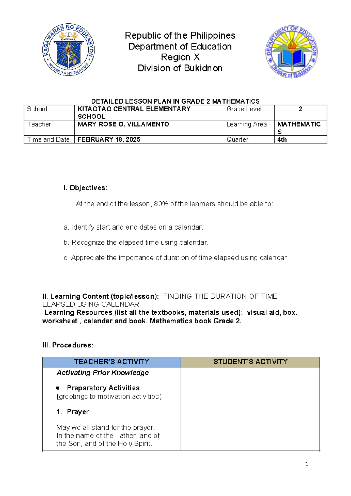 MATH18-Grade 2 Detailed Lesson Plan on Duration of Time with Calendar ...