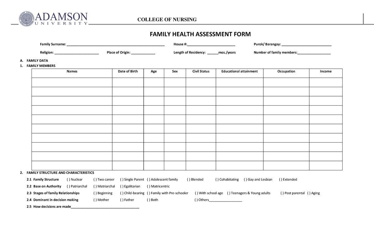 FAMILY HEALTH ASSESSMENT FORM - COLLEGE OF NURSING - Studocu