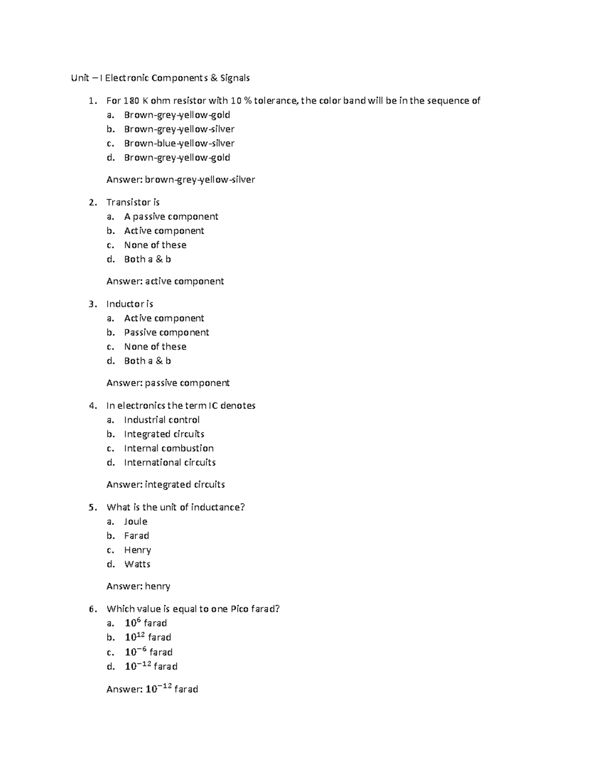 BEC Unit 1: Electronic Components & Signals Study Guide - Studocu