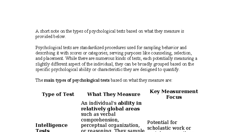 Psychological Tests Overview: Types and Measurement Focus - Studocu
