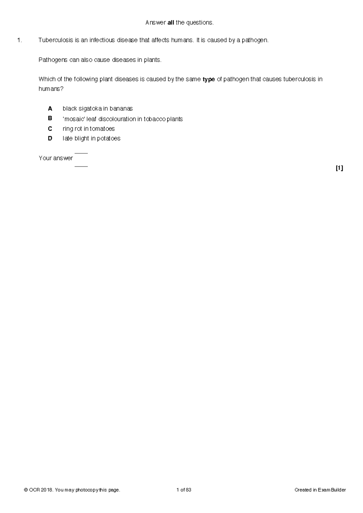 4 - Exam questions. Could not find OCR Bio A level file. - Answer all ...